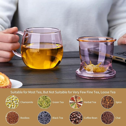 DOPUDO 11oz Pink Glass Tea Cup with Infuser and Lid– Versatile and Elegant Gift for Women, Perfect for Loose Leaf Tea and Other Beverages.