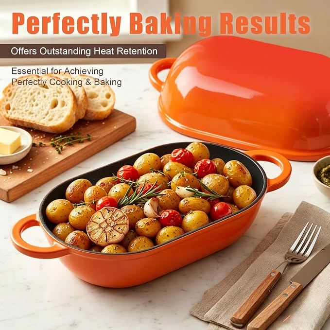 Enameled Cast Iron Sourdough Bread Oven, 5 QT Loaf Cast Iron Bread Pan with Lid, Oval Dutch Oven for Homemade Bread Baking, Meatloaf Pan with Lid (Orange)