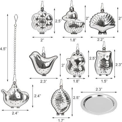 Elsjoy Set of 8 Loose Leaf Tea Infusers with Chain and 8 Drip Trays, 18/8 Stainless Steel Tea Balls Cute Tea Steepers, Mini Tea Strainer Tea Filter Set for Mugs, Tea Cups, Teapots, 16 Pcs