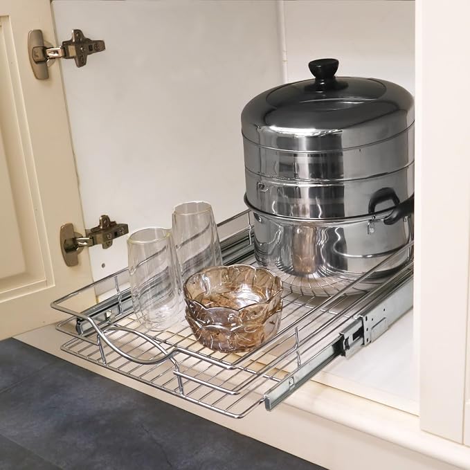 Sikarou Pull Out Cabinet Organizer 17" W x 21" D, Heavy Duty Kitchen Cabinet Pull Out Shelves, Slide Out Wire Basket for Kitchen Cabinets, Bathroom, Pantry, Chrome Finish