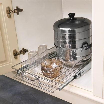 Sikarou Pull Out Cabinet Organizer 11" W x 21" D, Heavy Duty Kitchen Cabinet Pull Out Shelves, Slide Out Wire Basket for Kitchen Cabinets, Bathroom, Pantry, Chrome Finish