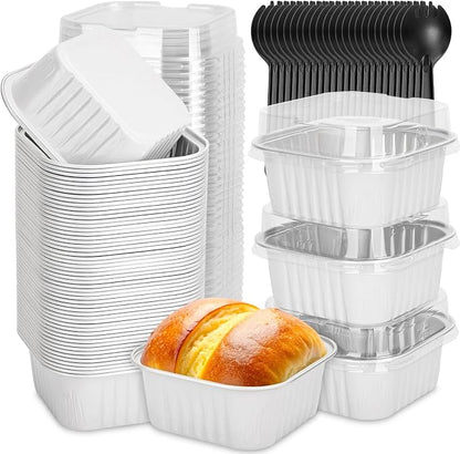 selizo 60 Pack 5oz Mini Square Disposable Cake Pans with Lids, Aluminum Foil Baking Cups, Individual Cake Containers with Lids for Parties and Gatherings