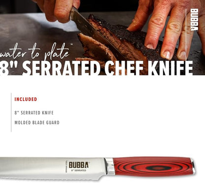 BUBBA Kitchen Series 8" Serrated Knife for easily slicing through bread crusts, meats, tomatoes and more with a premium German Steel Blade.