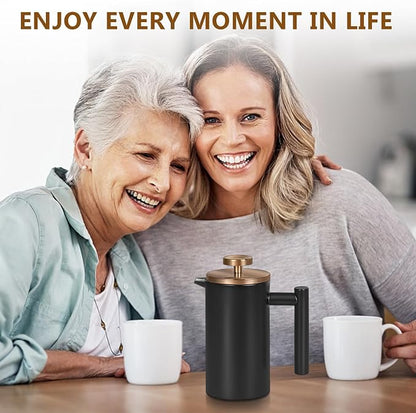 Black Mini French Press Coffee Maker 12oz, Single Cup French Press with Rose Gold Lid, 3 Extra Filters & 1 Gold Spoon(350ml Compact Travel Size) Dishwasher Safe