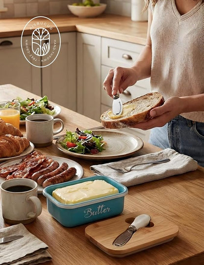 Butter Dish, Butter Dish with Lid for Countertop,Metal Butter Keeper with Stainless Steel Multipurpose Butter Knife, Large Butter Container with quality Silicone Good Kitchen Gift,Lake Bue