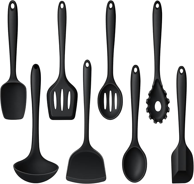 LIANYU Non-Toxic Cooking Utensils Set of 8, Silicone Black Kitchen Utensils Set for Non-Stick Cookware, Healthy Kitchen Tools with Spatula & Spoon, Stainless Steel Core, Healthy & Heat Resistant