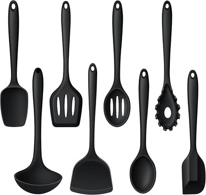 LIANYU Non-Toxic Cooking Utensils Set of 8, Silicone Black Kitchen Utensils Set for Non-Stick Cookware, Healthy Kitchen Tools with Spatula & Spoon, Stainless Steel Core, Healthy & Heat Resistant