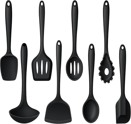 LIANYU Non-Toxic Cooking Utensils Set of 8, Silicone Black Kitchen Utensils Set for Non-Stick Cookware, Healthy Kitchen Tools with Spatula & Spoon, Stainless Steel Core, Healthy & Heat Resistant