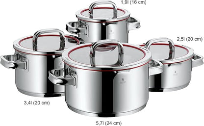 WMF Function 4 Induction Saucepans Set of 4 Polished Cromargan Stainless Steel Glass Lid with 4 Pouring Functions Induction Pots Internal Scale