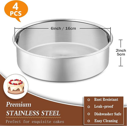 P&P CHEF 6 Inch Cake Pan Set of 4, Stainless Steel Baking Round Cake Pans Tins Bakeware for Birthday Wedding, Leak-proof & Easy Clean, Mirror Finish & Easy Releasing
