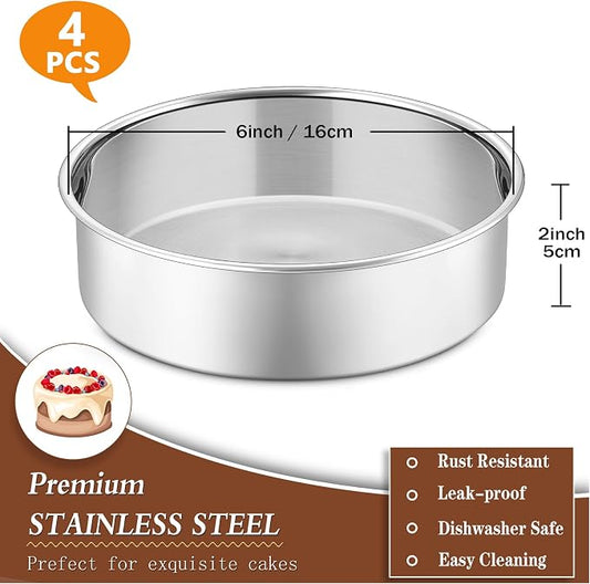 P&P CHEF 6 Inch Cake Pan Set of 4, Stainless Steel Baking Round Cake Pans Tins Bakeware for Birthday Wedding, Leak-proof & Easy Clean, Mirror Finish & Easy Releasing