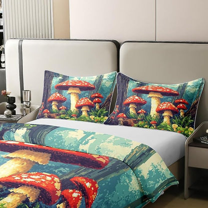 Red Mushroom 100% Nature Cotton Duvet Cover Jungle Wild Plants Trees Comforter Cover Twin Size with 1 Pillowcase Cartoon Pixelated Construct Games Aesthetic Luxury Bedding Set (No Filler)
