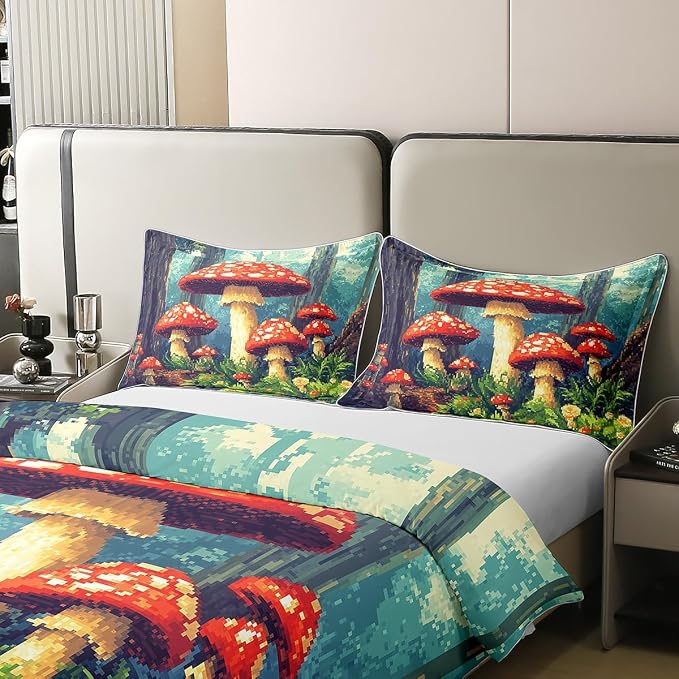 Red Mushroom Duvet Cover Set 100% Organic Cotton King Size Jungle Wild Plants Trees Comforter Cover with 2 Pillowcases Cartoon Pixelated Construct Games Bedding Set for Bedroom Dcor,No Comforter