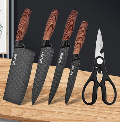 Luxury Aesthetic Kitchen Knife Set with Holder,6Pcs Black Knife Set with Wood Grain Handle,Stainless Steel Chef Knives and Scissors,Gift for Cooking