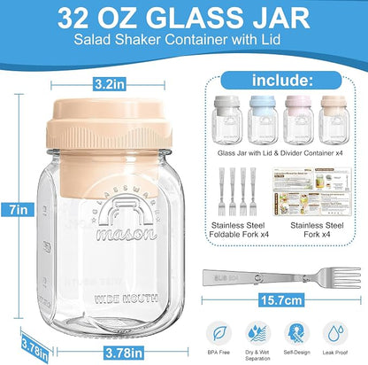 [UPGRADE] 4 Pack Glass Salad Container for Lunch, Salad Jars with Silicone Dressing Cup & Airtight Lid & Fork for Meal Prep, Wet/Dry Separation Divider for Salad Dressing and Dry Ingredients Mason Jar
