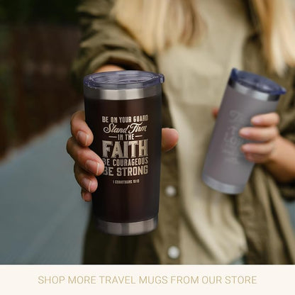 Christian Art Gifts Stainless Steel Double-Wall Vacuum Insulated Travel Mug 18 oz Matte Black Tumbler with Lid for Men Inspirational Bible Verse - Strong in the Lord - Eph. 6:10