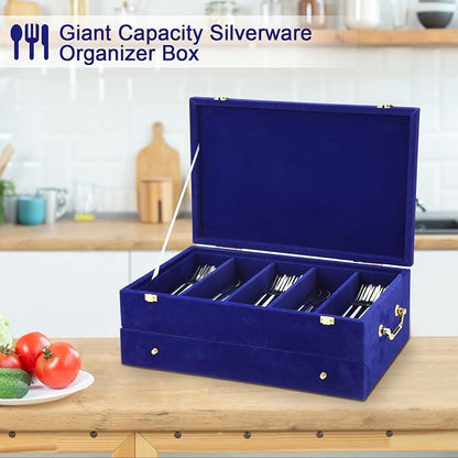 Pickmesh Silverware Case with Lid and Handle, Silverware Storage Box Sterling Silver Flatware Chest Without Silver Tarnish Proof Utensils Organizer for Kitchen Decor Wedding Gifts (Royal Blue,2 Layer)