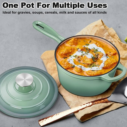 1 Qt & 2 Qt Saucepan Set, Leonyo Enameled Cast Iron Sauce Pan, Cast Iron Dutch Oven Kitchen Small Pots for All Cooktops Cooking Pasta, Milk, Oatmeal - Up to 500°F, Pistachio Green