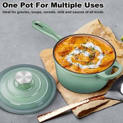 3 Quart Saucepan with Lid, Leonyo Enameled Cast Iron Sauce Pot, Large Enamel Cast Iron Dutch Oven Kitchen Cookware for All Cooktops Cooking Pasta, Soup, Milk - Up to 500°F & 8bs, Pistachio Green