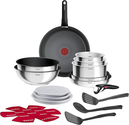 Tefal Ingenio L897SK04 20-Piece Cookware Set, Frying Pans with 2 Removable Handles, Induction, Non-Stick Coating, Stackable, Dishwasher Safe, Emotion L897SK04, Silver