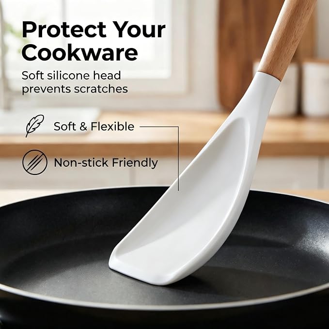 Cooking Spoon for Nonstick Cookwares,Cedar and Ash Spoon, Multifunction Spatula Cooking Spoon, Perfect Silicone Spoon for Mixing, Scoop, and Scrape(White)