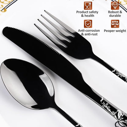 40-Piece Black Skull Silverware Set for 8, Flatware Set Stainless Steel Spoons,Forks,Knife Pattern Unique Design Utensil Sets Tableware Cutlery, Mirror Polished, Dishwasher Safe