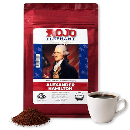 Rojo Elephant Caffeinated Ground Coffee, Single Origin Arabica Beans, Naturally Low Acid, Premium Ground Coffee (11 oz Bag) (Light Roast - Alexander Hamilton)