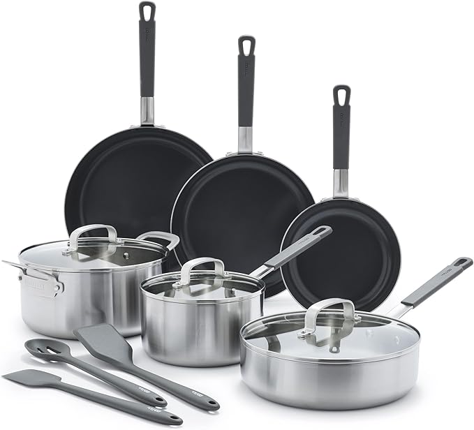 GreenPan x Bobby Flay Stainless Steel 12 Piece Cookware Pots & Pans Set, Professional Grade Tri-Ply, Multiclad, PFAS-Free Ceramic Nonstick, Induction Suitable, Dishwasher & Oven Safe,Stay Cool Handles