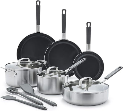 GreenPan x Bobby Flay Stainless Steel 12 Piece Cookware Pots & Pans Set, Professional Grade Tri-Ply, Multiclad, PFAS-Free Ceramic Nonstick, Induction Suitable, Dishwasher & Oven Safe,Stay Cool Handles