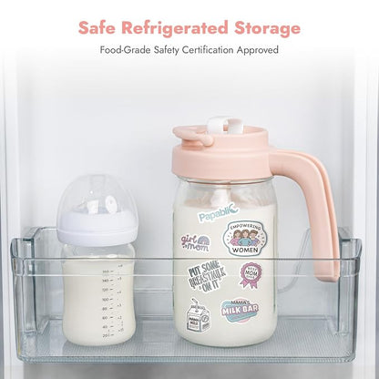 Papablic Glass Formula Pitcher, Fast Baby Breastmilk Maker with Mixing Handle Lid, Wide Mouth Mason Jar Breast Milk Storage Container with Flip-Lock Spout, BPA-Free, Pink