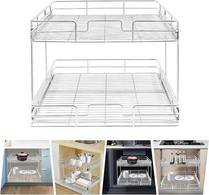 2 Tier Pull Out Cabinet Organizer 21 "W X 22 "D, Double Wire Basket Sliding Shelf, Pull Out Drawer for Kitchen Cabinets, Base Cabinet Organization for Kitchen, Bathroom, Pantry, Chrome (Silver)