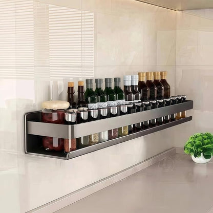 Adhesive Wall Mount Spice Rack Carbon Steel, No-Drill Dark Gray Wall Spice Racks for Kitchen, Multi-Purpose Spice Storage Organizer, Kitchen Bathroom Storage Shelf for Countertop Cabinet