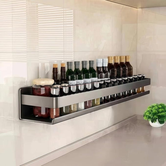 Adhesive Wall Mount Spice Rack Carbon Steel, No-Drill Dark Gray Wall Spice Racks for Kitchen, Multi-Purpose Spice Storage Organizer, Kitchen Bathroom Storage Shelf for Countertop Cabinet