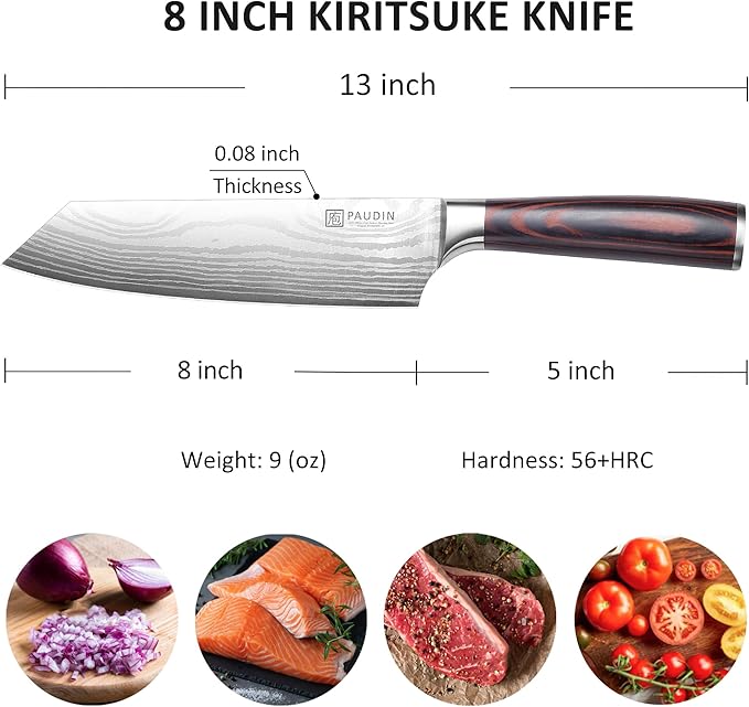 PAUDIN Kiritsuke Knife, 8 Inch Japanese Chef's Knife – High Carbon Stainless Steel Kitchen Knife with Ergonomic Pakkawood Handle & Protective Sheath, Great Gift for Men Women