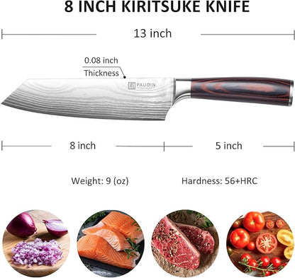 PAUDIN Kiritsuke Knife, 8 Inch Japanese Chef's Knife – High Carbon Stainless Steel Kitchen Knife with Ergonomic Pakkawood Handle & Protective Sheath, Great Gift for Men Women