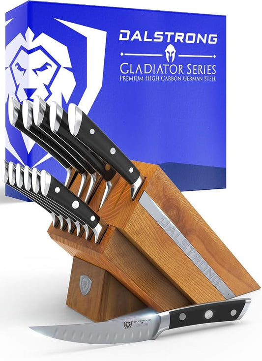 Dalstrong 12-Piece Elite Knife Block Set — German High-Carbon Steel, Full-Tang, Hand-Polished — Chef + Santoku + Nakiri + Boning + Fillet + 6 Steak — Gladiator Series Manchurian Ash Block, NSF