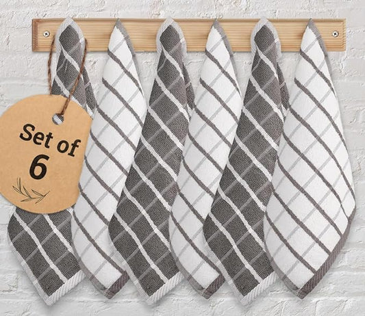 Urban Villa Dish Cloths Terry Cotton Pack of 6, Highly Absorbent Quick Drying Super Soft Premium Dish Towels for Kitchen with Hanging Loop Hand & Tea Towels - 12x12 Inch, (Grey & White, Checks)