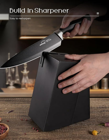 Amorston Knife Set, 15 Piece Kitchen Knife Set with Block and Built in Sharpener, German Stainless Steel Dishwasher Safe Knife Block Set, Black Kitchen Knives Set for Home Cooking Fathers Day Gift