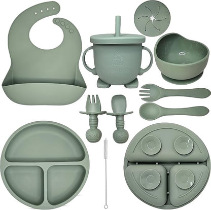 HippoBaby Baby Led Weaning Supplies | 10 Piece Silicone Baby Feeding Set, Baby Toddler Bib Cup Divided Plate and Bowl Self Feeding Spoons Dish Set,Baby Utensils | Toddler Feeding Supplies