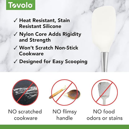 Spoon Spatula Spoonula with Stainless Steel Handle Ergonomic Grip White, Silicone Scoopula Kitchen Utensil Non Scratch Easy Clean Dishwasher Safe Heat Resistant Flex Core Scoop Spatula Tovolo