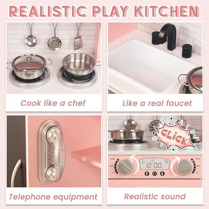 Kitchen Playset for Kids Ages 3-8, Wooden Kids Play Kitchen Chef Pretend Play Set for Toddlers, Toys Kitchen with Toy Food & Cookware Accessories