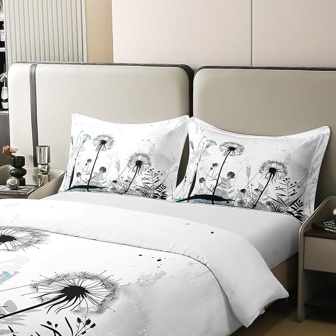 Castle Fairy 100% Natural Cotton Dandelion Bedding Set King Size Rustic Farm Plants Duvet Cover Luxury Light Dragonfly Flowers Comforter Cover for Men Women Room(No Comforter)
