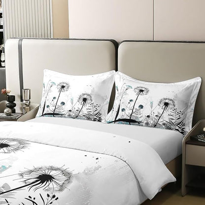 Castle Fairy 100% Natural Cotton Dandelion Bedding Set King Size Rustic Farm Plants Duvet Cover Luxury Light Dragonfly Flowers Comforter Cover for Men Women Room(No Comforter)
