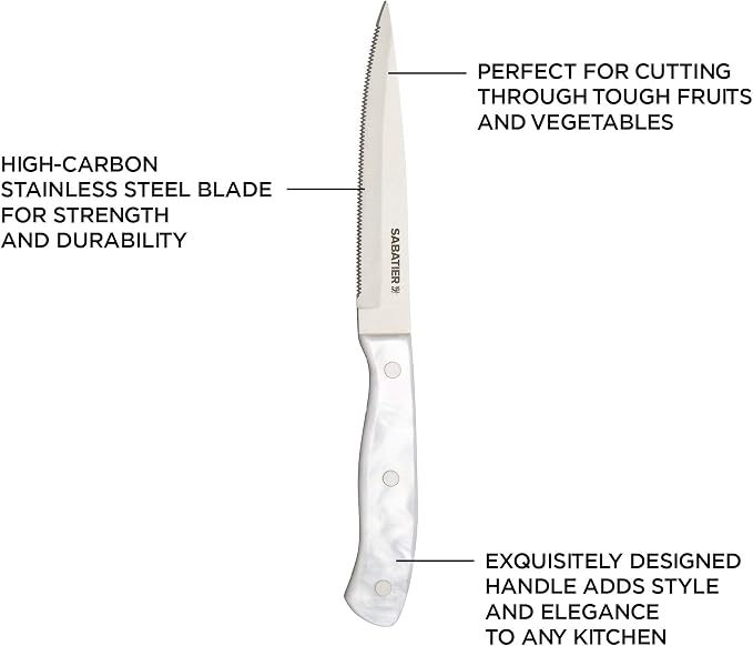 Sabatier Triple Riveted Serrated Utility Knife, 5-Inch, Razor-Sharp Kitchen Knife to Cut Fruit, Vegetables and more, High-Carbon Stainless Steel, White
