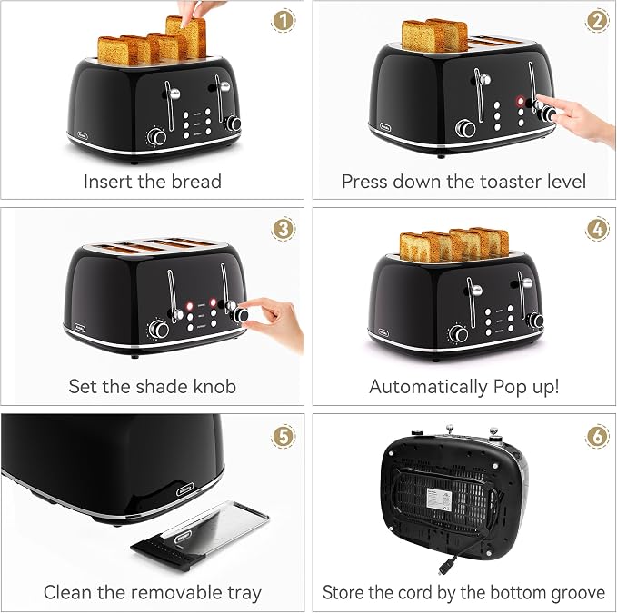 Toaster 4 Slice, Retro Stainless Toaster with 6 Bread Shade Settings,1.5''Wide Slots with Cancel/Defrost/Reheat Functions,Dual Independent Control Panel, Removal Crumb Tray (Black)