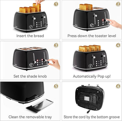 Toaster 4 Slice, Retro Stainless Toaster with 6 Bread Shade Settings,1.5''Wide Slots with Cancel/Defrost/Reheat Functions,Dual Independent Control Panel, Removal Crumb Tray (Black)