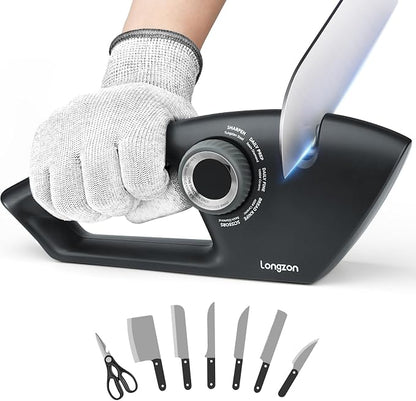 Longzon 6-in-1 Knife Sharpener 5 Stage with Cut-Resistant Glove, Manual Kitchen Tool for Scissors, Straight & Serrated Knives, Quickly Sharpens Restores & Polishes Dull Blades Safe for Home Kitchen