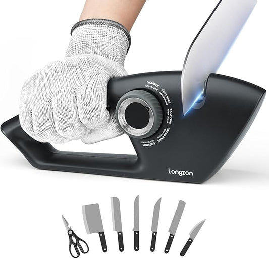 Longzon 6-in-1 Knife Sharpener 5 Stage with Cut-Resistant Glove, Manual Kitchen Tool for Scissors, Straight & Serrated Knives, Quickly Sharpens Restores & Polishes Dull Blades Safe for Home Kitchen