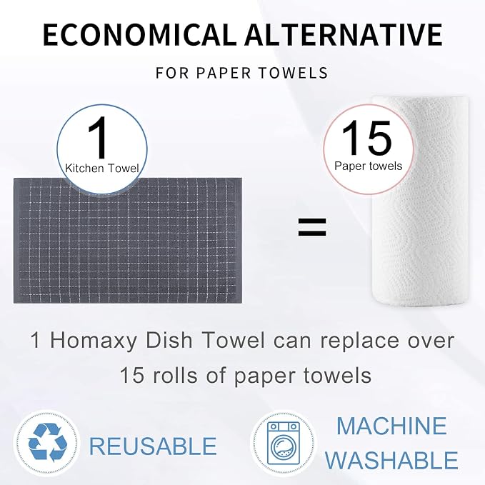 Homaxy 100% Cotton Terry Kitchen Towels(Dark Grey, 20 x 28 inches), Checkered Designed, Soft and Super Absorbent Dish Towels, Large 4 Pack