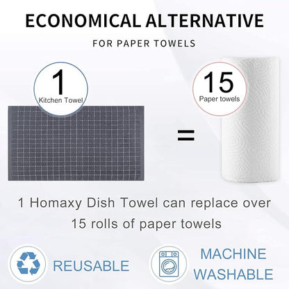 Homaxy 100% Cotton Terry Kitchen Towels(Dark Grey, 20 x 28 inches), Checkered Designed, Soft and Super Absorbent Dish Towels, Large 4 Pack